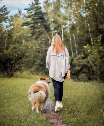 Hundetrainerin läuft mit Hund auf einem Weg